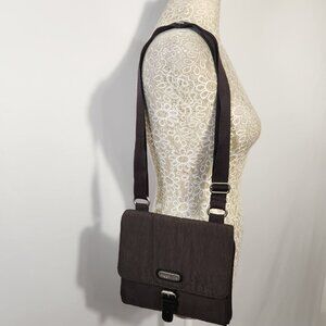 Baggallini Crossbody Bag Brown Small Nylon Square Faux Buckle Flap Fold Zip Clos